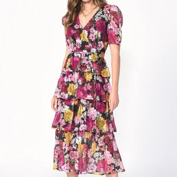 New ADELYN RAE Eliza Floral Print Puff Sleeve Tiered Midi Dress In Pink Sz S - Picture 1 of 8
